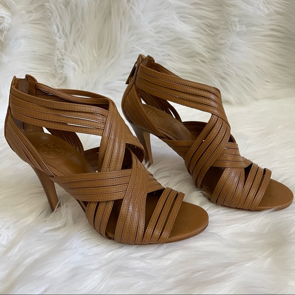 Tory Burch Camel soft all leather strappy sandal 3” heel back zipper size 6M